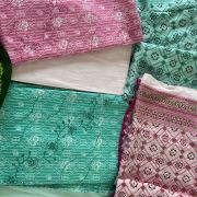 Green And Pink Floral Printed Thread Work Unstitched Suit With Cotton Dupatta