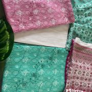 Green And Pink Floral Printed Thread Work Unstitched Suit With Cotton Dupatta