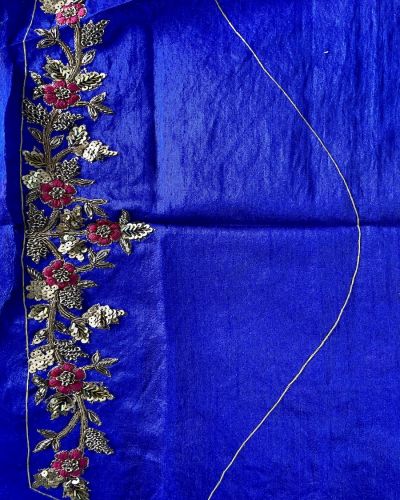 Royal Blue Zardozi & Thread Work Embroidery On Hand Embroidered Raw Silk Unstitched Blouse Piece