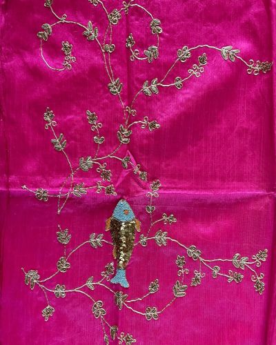 Zardozi Hand Embroidered Hot Pink Unstitched Blouse Piece With Fish Motif