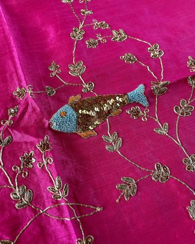 Zardozi Hand Embroidered Hot Pink Unstitched Blouse Piece With Fish Motif