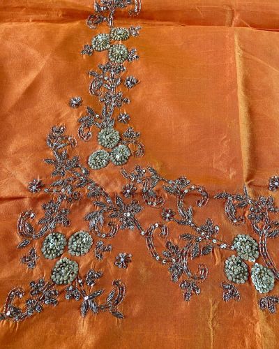 Orange Zardozi & Thread Embroidery On Unstitched Blouse Piece