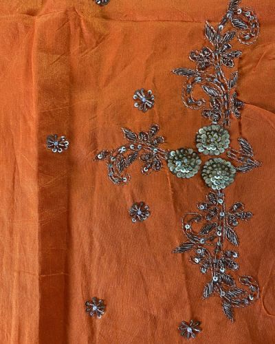 Orange Zardozi & Thread Embroidery On Unstitched Blouse Piece