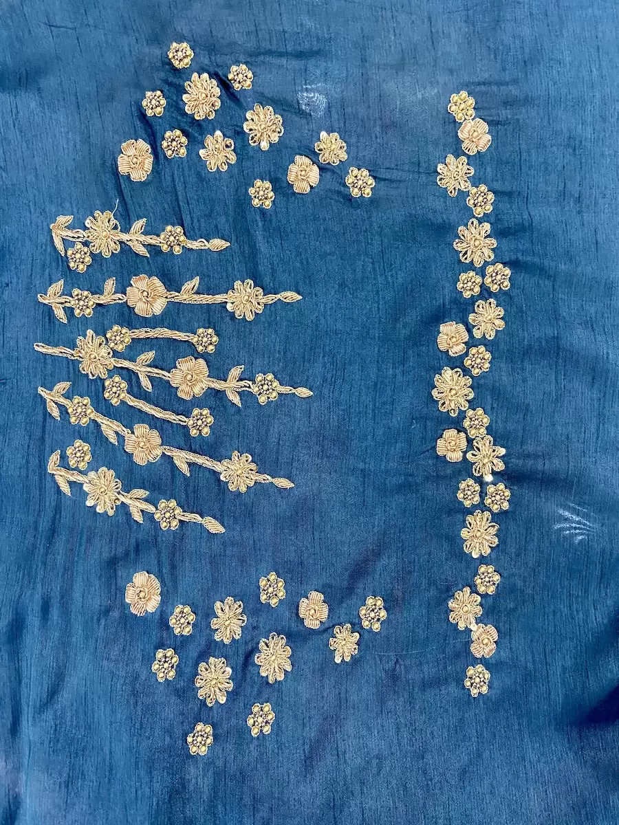 Peacock Blue Heavy Zardozi Work On Unstitched Blouse Piece