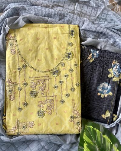 Lemon Yellow Printed Suit Set With Grey Printed Chiffon Dupatta