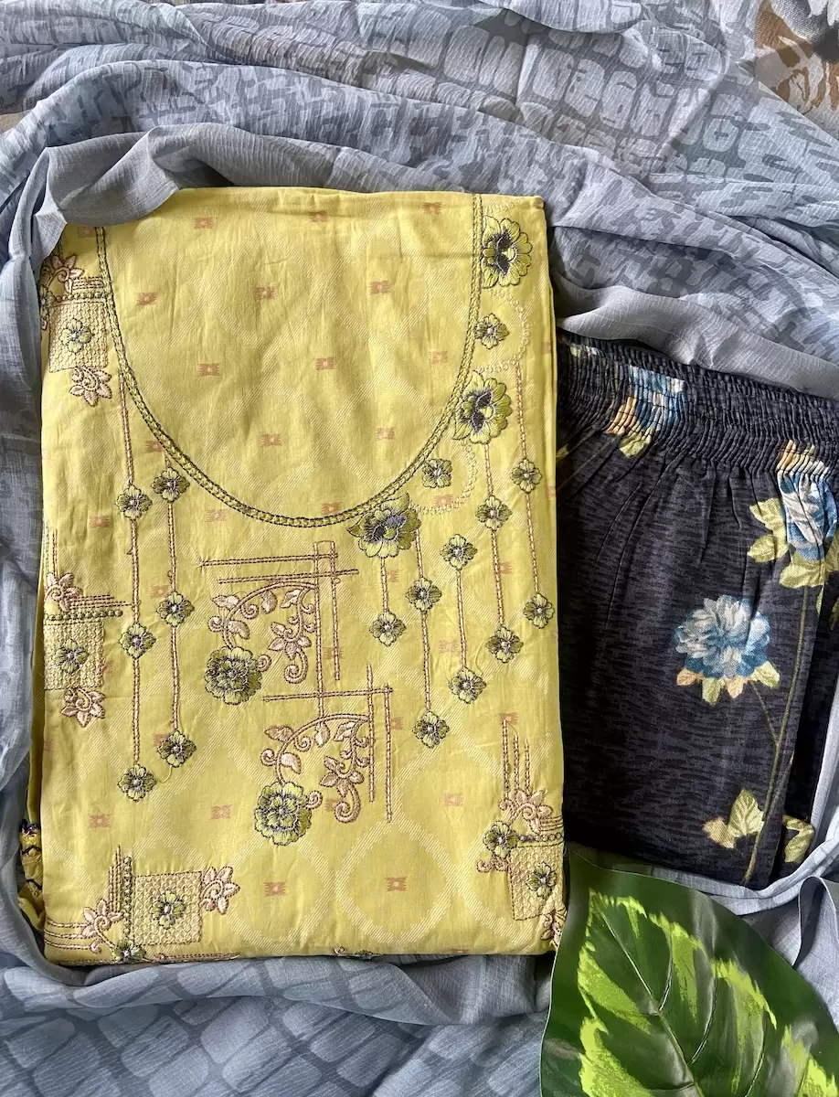 Lemon Yellow Printed Suit Set With Grey Printed Chiffon Dupatta