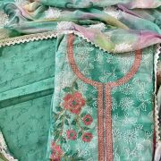 Rama Green All Over Floral Thread Work Unstitched Suit Set With Chiffon Dupatta