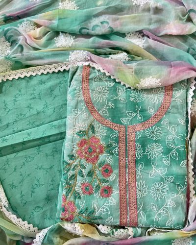 Rama Green All Over Floral Thread Work Unstitched Suit Set With Chiffon Dupatta
