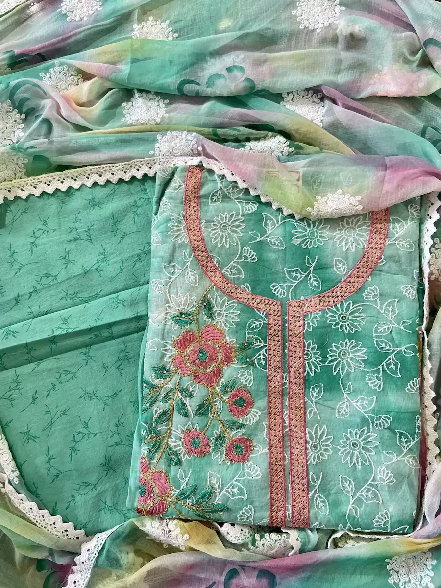 Rama Green All Over Floral Thread Work Unstitched Suit Set With Chiffon Dupatta