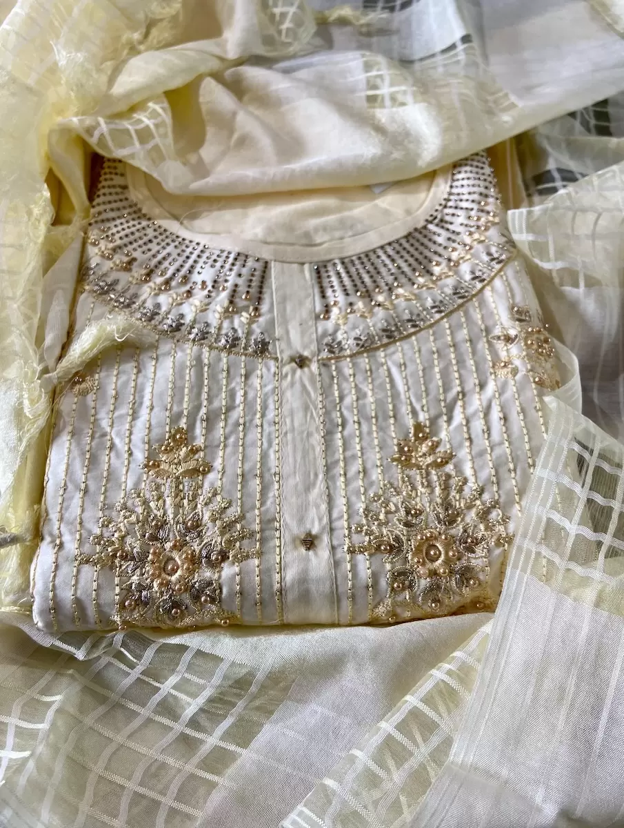 Cream Pearl Embroidery Unstitched Suit Set With Dupatta