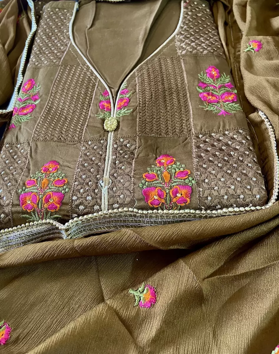 Brown Thread Embroidery Unstitched Suit Set With Dupatta