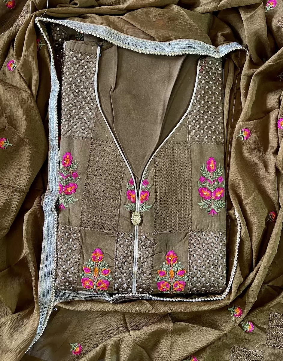 Brown Thread Embroidery Unstitched Suit Set With Dupatta