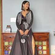 Shobhini Black Crop top and Slit Skirt with Mirror Work Cropped Jacket