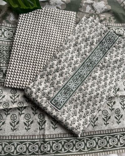Green small buti print unstitched cotton suit set with dupatta