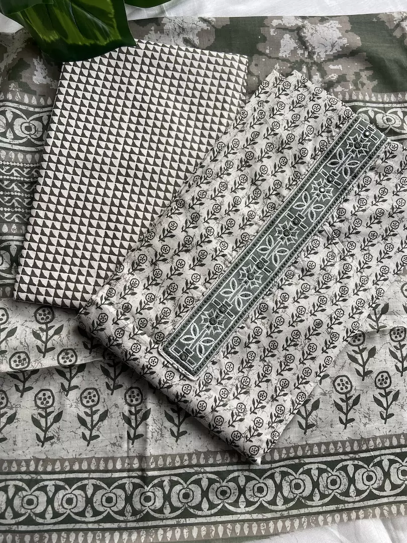 Green small buti print unstitched cotton suit set with dupatta