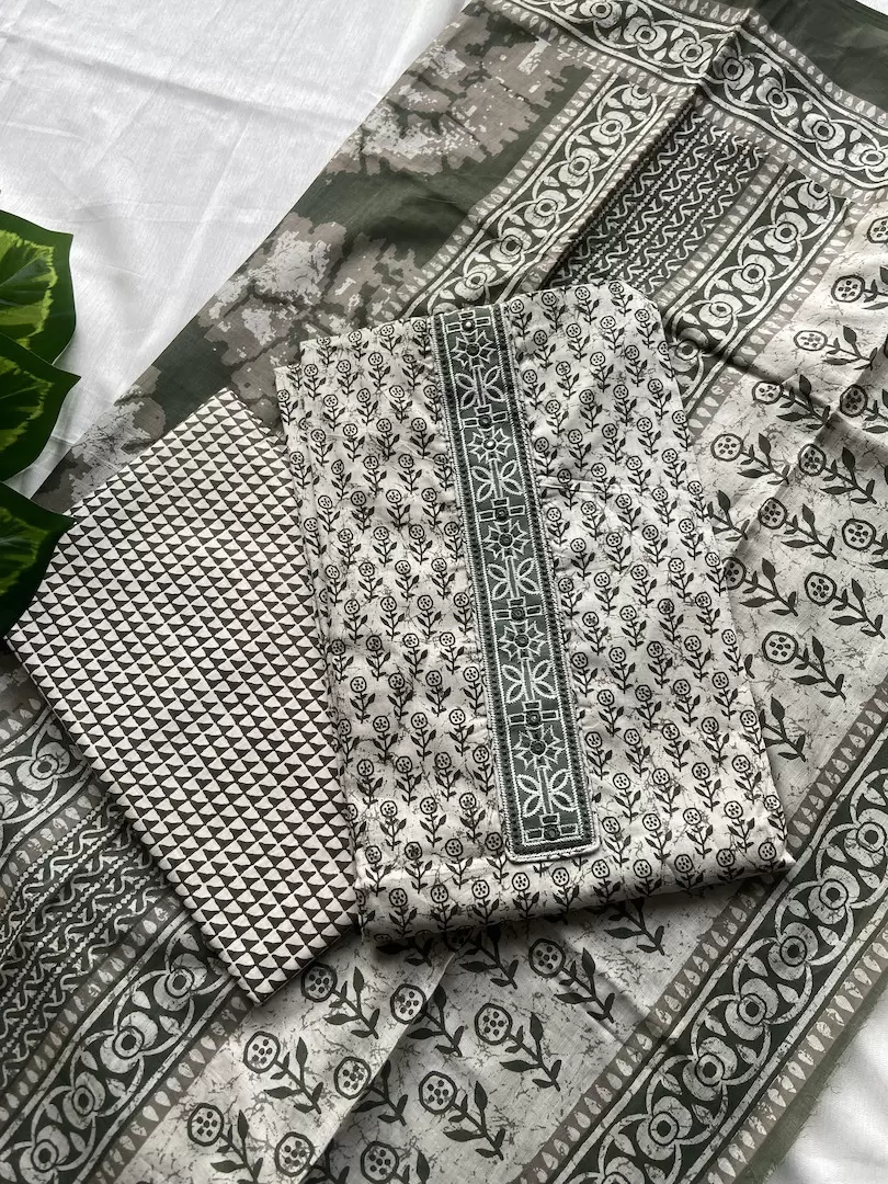 Green small buti print unstitched cotton suit set with dupatta