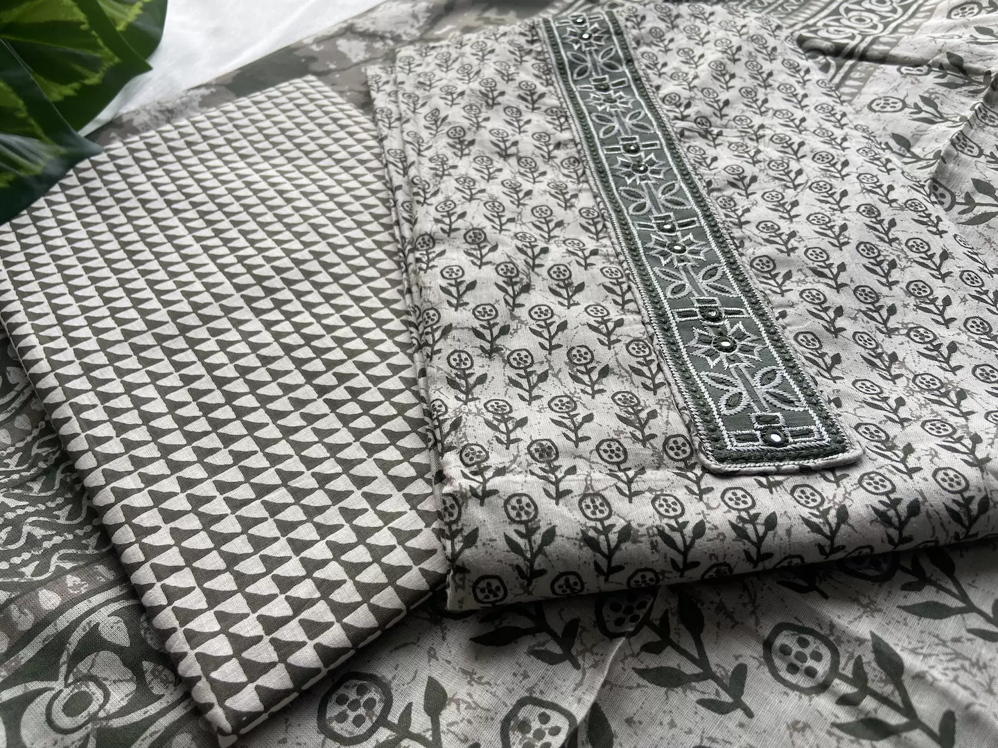 Green small buti print unstitched cotton suit set with dupatta