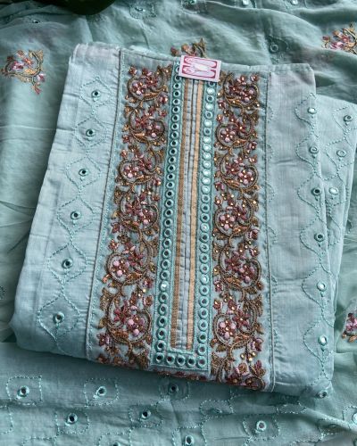 Sky Blue embroidery mirror work unstitched suit set with dupatta