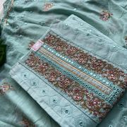 Sky Blue embroidery mirror work unstitched suit set with dupatta