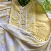 Pastel Yellow Batik Print Cotton Unstitched Suit Set With Printed Cotton Dupatta