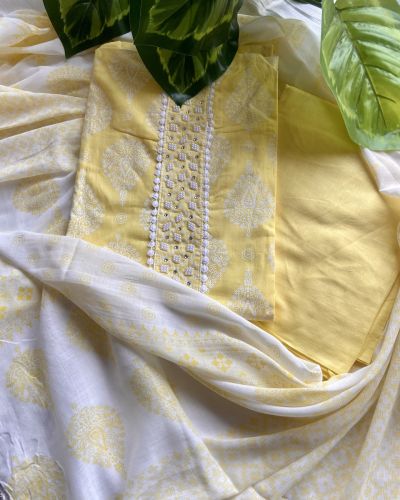 Pastel Yellow Batik Print Cotton Unstitched Suit Set With Printed Cotton Dupatta