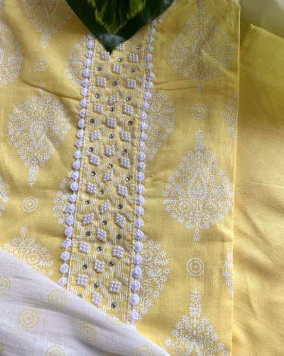 Pastel Yellow Batik Print Cotton Unstitched Suit Set With Printed Cotton Dupatta