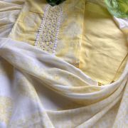 Pastel Yellow Batik Print Cotton Unstitched Suit Set With Printed Cotton Dupatta