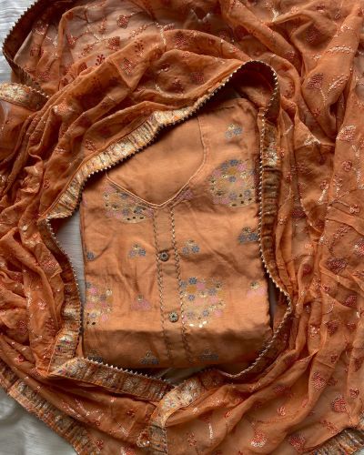 Orange Pure Silk Dress Material With Embroidered Chiffon Dupatta