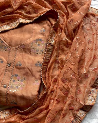 Orange Pure Silk Dress Material With Embroidered Chiffon Dupatta