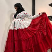 Heart Printed Full Flared White and Red Shrug- 12 Meters
