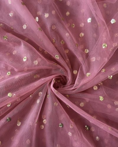 All Over Gold Sequin Buti On Fuchsia Pink Net Fabric