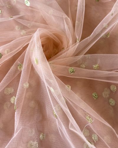 All Over Gold Sequin Buti On Peach Net Fabric