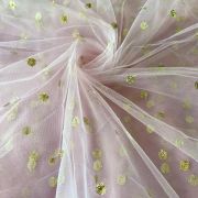 All Over Gold Sequin Buti On Pastel Pink Net Fabric