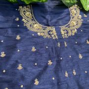 Heavy Zardozi Hand Embroidery On Neck & Buti Work All Over On Navy Blue Unstitched Silk Blouse Piece