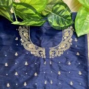 Heavy Zardozi Hand Embroidery On Neck & Buti Work All Over On Navy Blue Unstitched Silk Blouse Piece