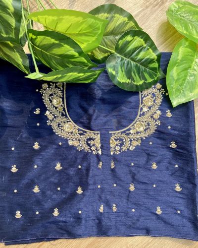 Heavy Zardozi Hand Embroidery On Neck & Buti Work All Over On Navy Blue Unstitched Silk Blouse Piece