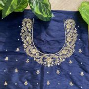 Heavy Zardozi Hand Embroidery On Neck & Buti Work All Over On Navy Blue Unstitched Silk Blouse Piece