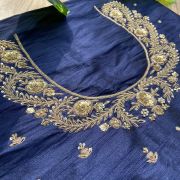 Heavy Zardozi Hand Embroidery On Neck & Buti Work All Over On Navy Blue Unstitched Silk Blouse Piece