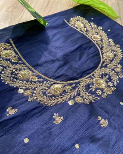 Heavy Zardozi Hand Embroidery On Neck & Buti Work All Over On Navy Blue Unstitched Silk Blouse Piece