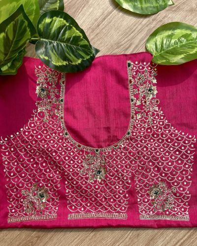 Heavy Zardozi & All Over Jaal Embroidery On Hot Pink Unstitched Silk Blouse Piece