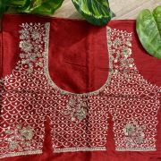 Heavy Zardozi & All Over Jaal Embroidery On Maroon Unstitched Silk Blouse Piece