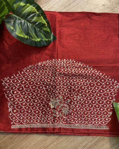 Heavy Zardozi & All Over Jaal Embroidery On Maroon Unstitched Silk Blouse Piece