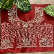 Heavy Zardozi & All Over Jaal Embroidery On Maroon Unstitched Silk Blouse Piece