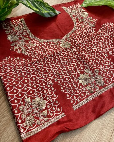 Heavy Zardozi & All Over Jaal Embroidery On Maroon Unstitched Silk Blouse Piece