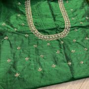 Zardozi Hand Embroidery On Neck & Buti Work All Over On Green Unstitched Silk Blouse Piece