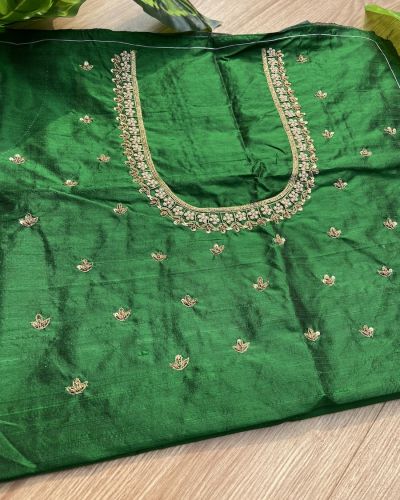 Zardozi Hand Embroidery On Neck & Buti Work All Over On Green Unstitched Silk Blouse Piece