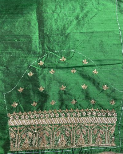 Zardozi Hand Embroidery On Neck & Buti Work All Over On Green Unstitched Silk Blouse Piece