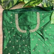 Zardozi Hand Embroidery On Neck & Buti Work All Over On Green Unstitched Silk Blouse Piece