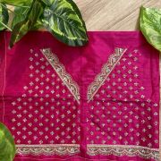 Heavy Zardozi Hand Embroidery On Neck & Buti Work All Over On Hot Pink Unstitched Silk Blouse Piece