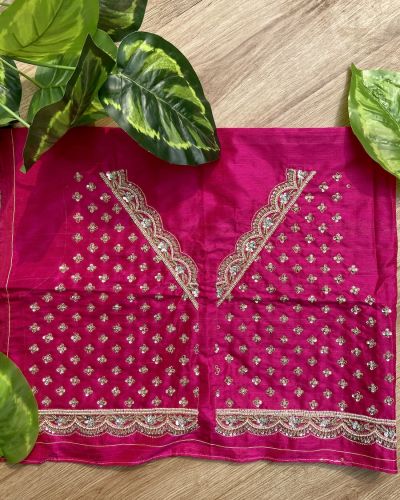 Heavy Zardozi Hand Embroidery On Neck & Buti Work All Over On Hot Pink Unstitched Silk Blouse Piece